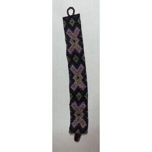 Beaded Loom Bracelet Geometric Design 7.5 in x 1 in Purple Gold Turquoise